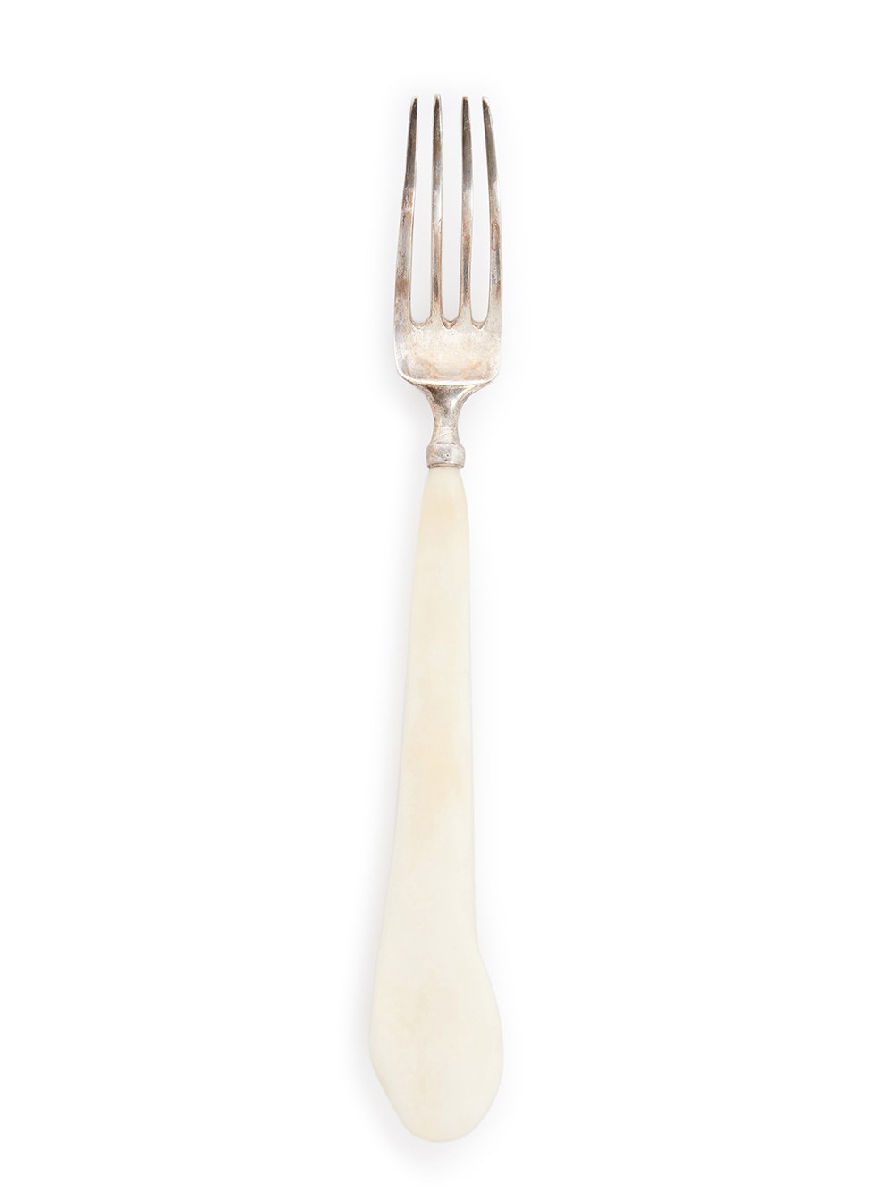 RICK OWENS FORK FEATURES A FOUR TINE STERLING TOP AND A NATURAL COLOR BONE HANDLE.