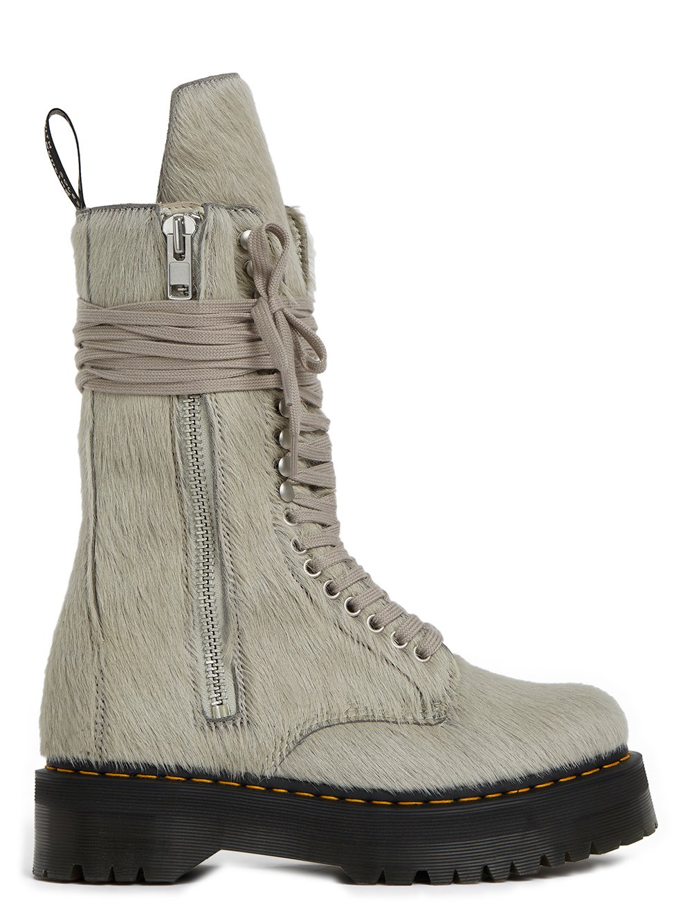 DR. MARTENS x RICK OWENS FW22 STROBE CALF LENGTH BOOT IN PEARL HAIR-ON COW LEATHER.  