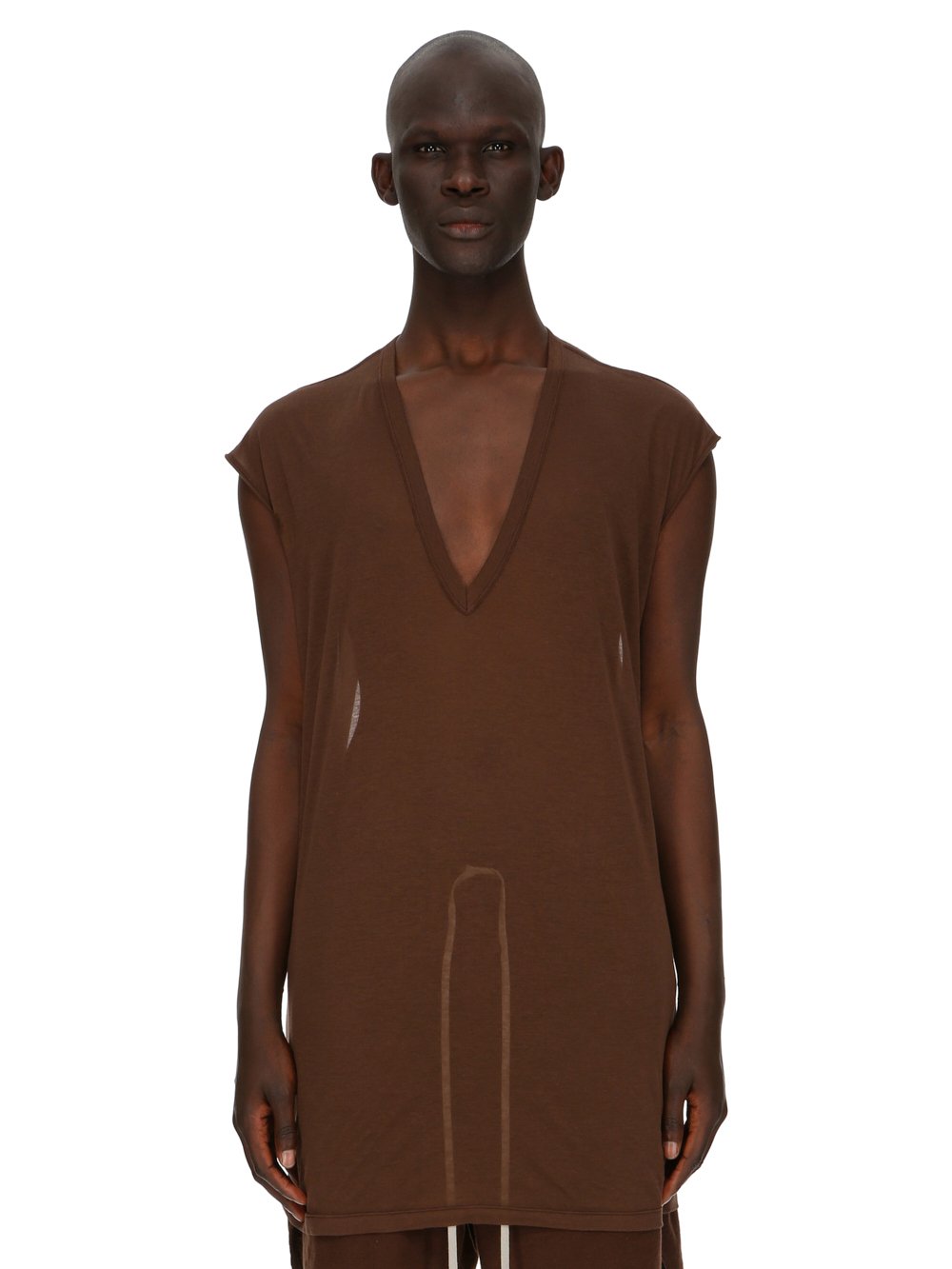 RICK OWENS FW23 LUXOR DEEP V NECK SS T IN BROWN UNSTABLE COTTON