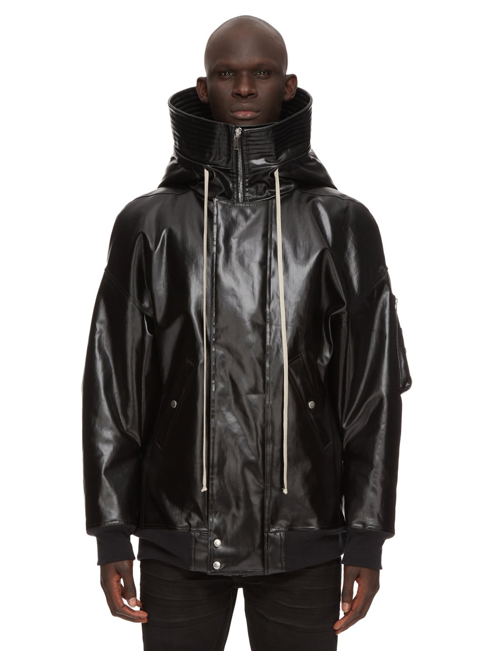 DRKSHDW FW23 LUXOR HOODED BOMBER IN BLACK AND MAUVE RUBBER COVERED STRETCH DENIM