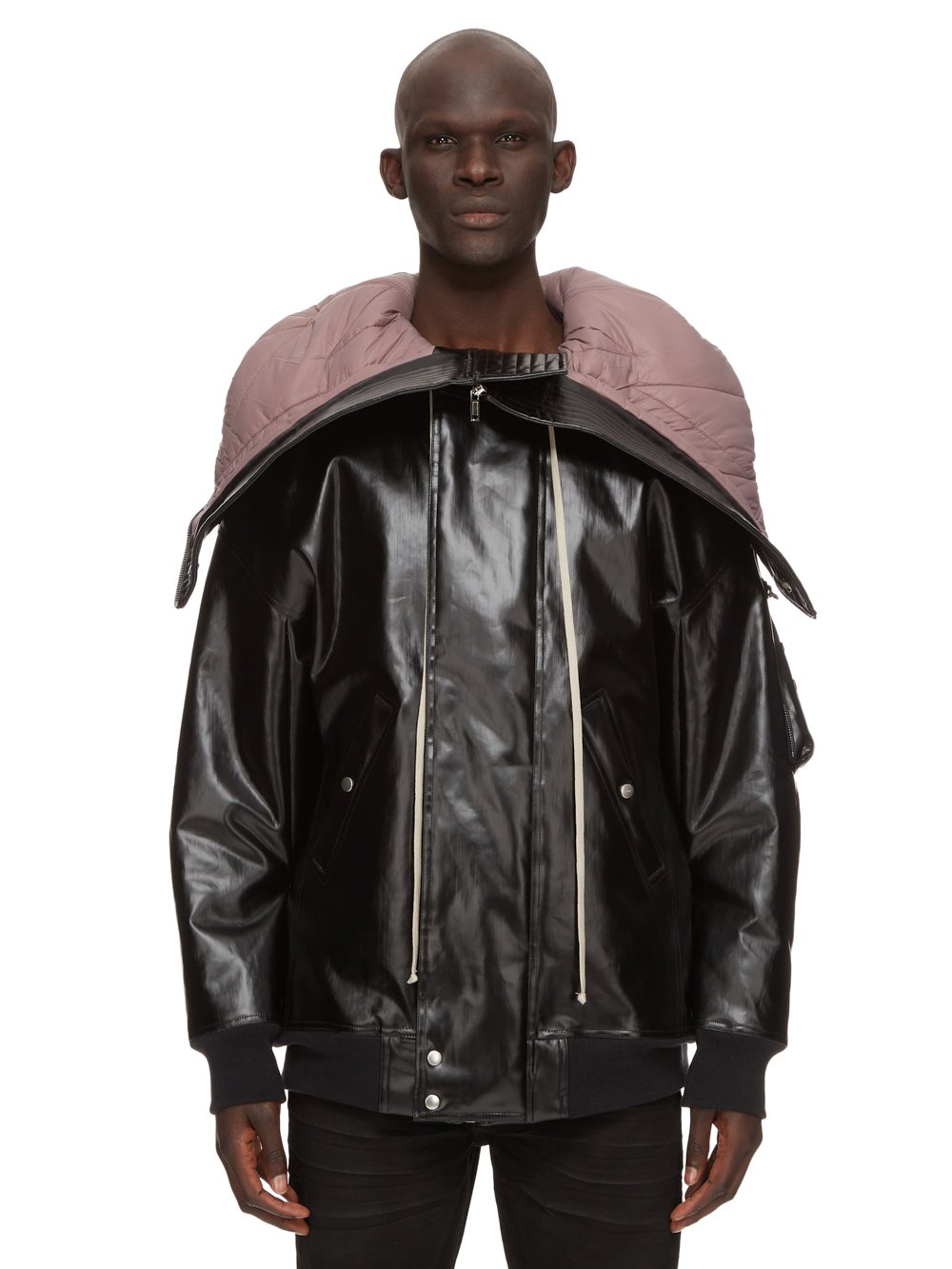 DRKSHDW FW23 LUXOR HOODED BOMBER IN BLACK AND MAUVE RUBBER COVERED STRETCH DENIM