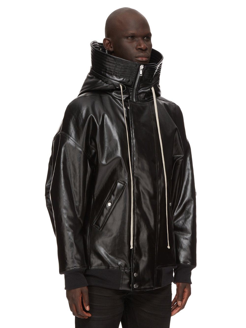 DRKSHDW FW23 LUXOR HOODED BOMBER IN BLACK AND MAUVE RUBBER COVERED STRETCH DENIM
