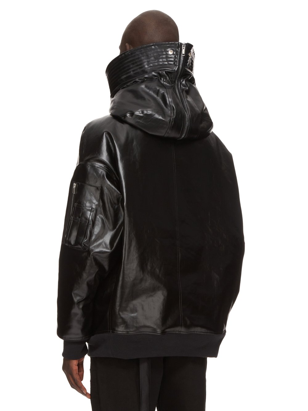 DRKSHDW FW23 LUXOR HOODED BOMBER IN BLACK AND MAUVE RUBBER COVERED STRETCH DENIM