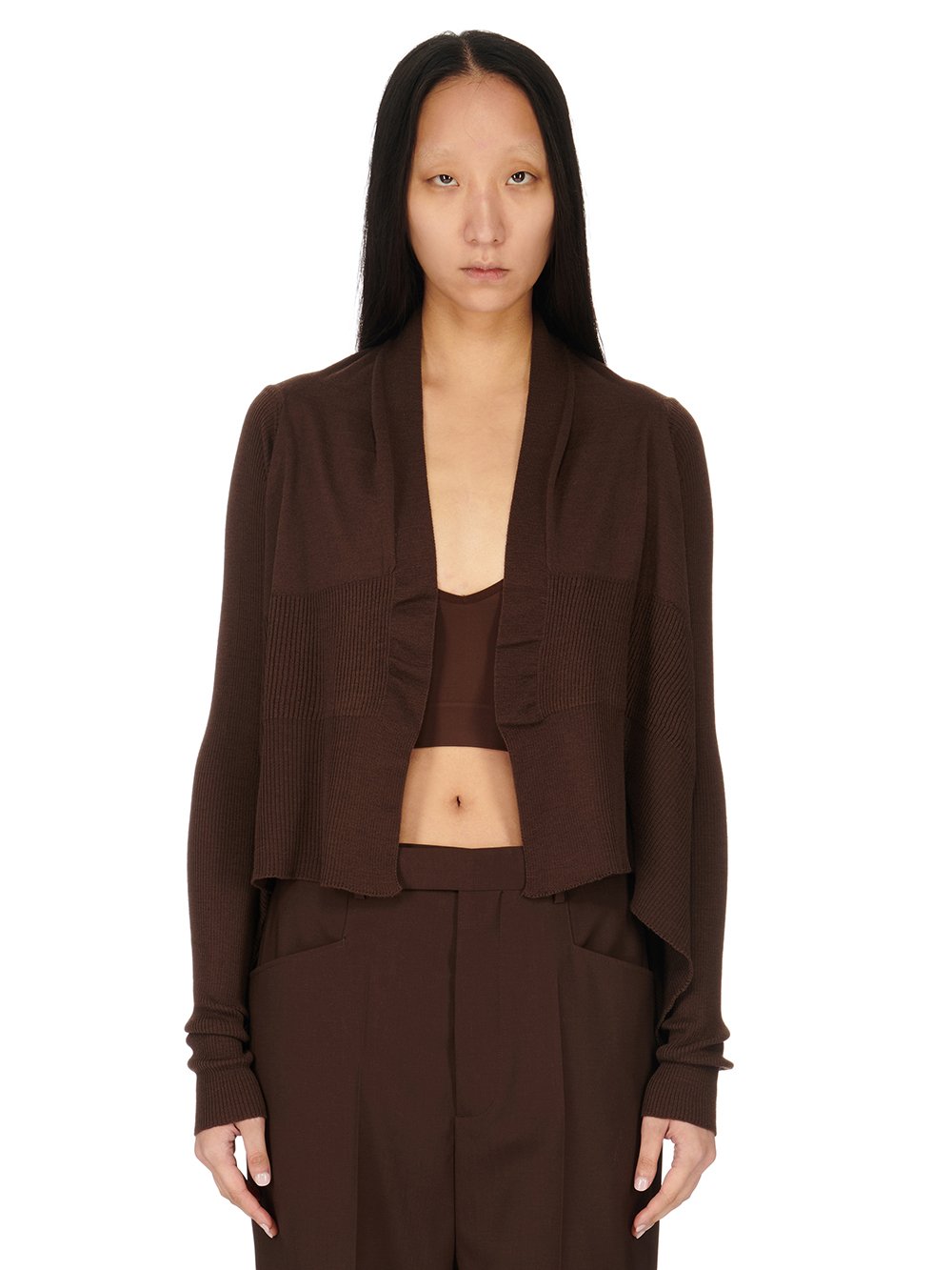 RICK OWENS FW23 LUXOR SHORT WRAP IN BROWN LIGHTWEIGHT RASATO KNIT