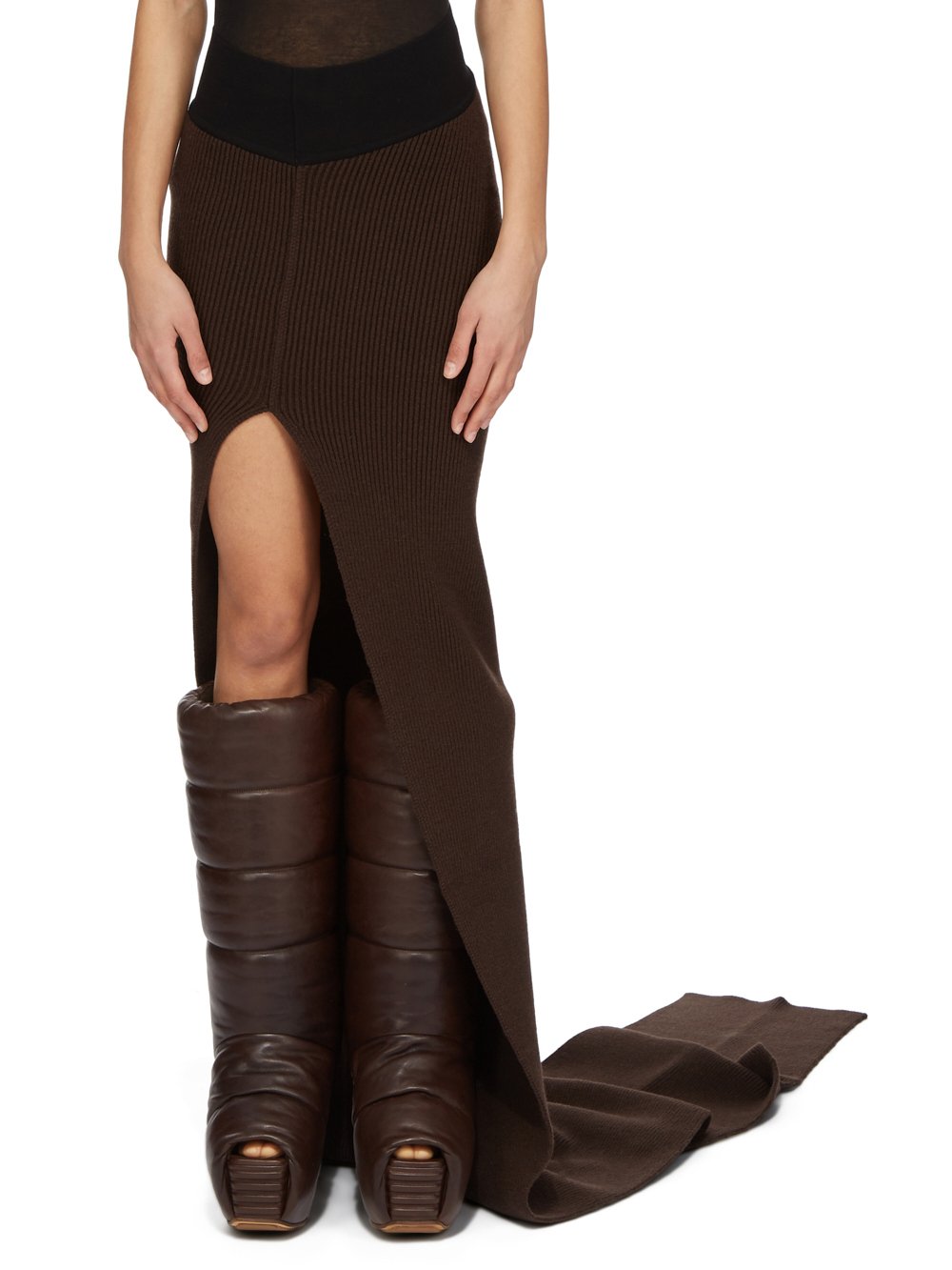 RICK OWENS FW23 LUXOR RUNWAY KNT EDFU SKIRT IN BROWN AND BLACK HEAVY RIB RECYCLED CASHMERE