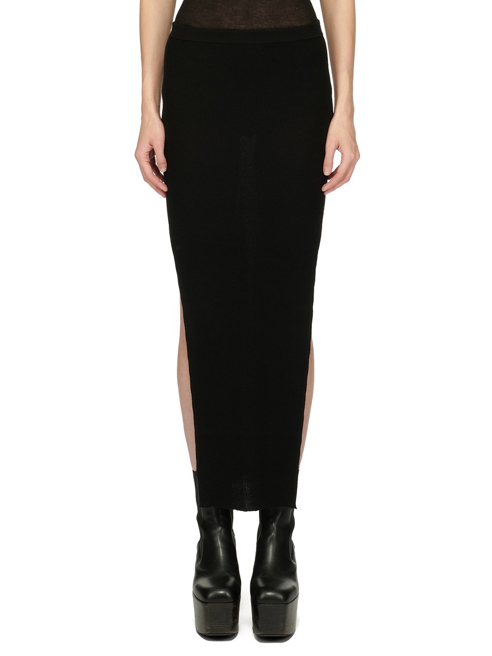 RICK OWENS FW23 LUXOR RIBBED SACRISKIRT IN BLACK LIGHTWEIGHT RIBBED KNIT