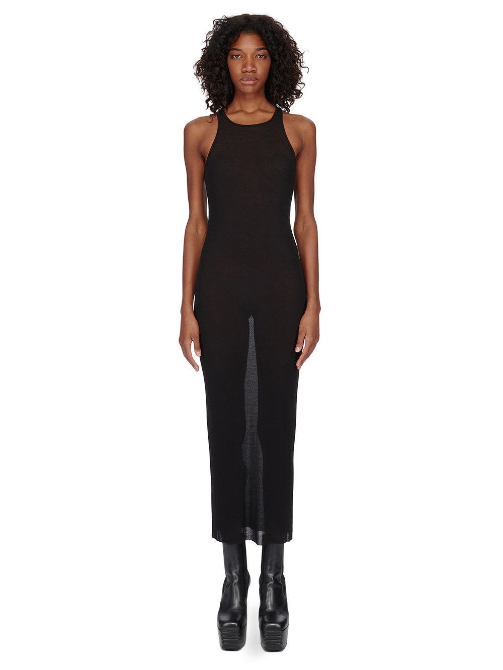 RICK OWENS FOREVER TANK DRESS IN BLACK VISCOSE SILK RIB JERSEY.