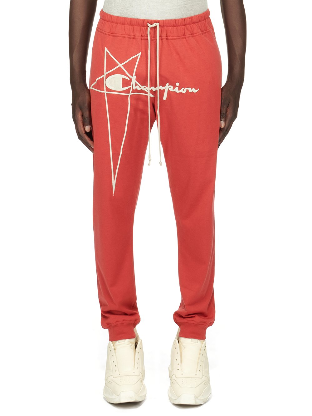 CHAMPION X RICK OWENS JOGGERS IN CARNELIAN RED MEDIUM WEIGHT COTTON JERSEY 