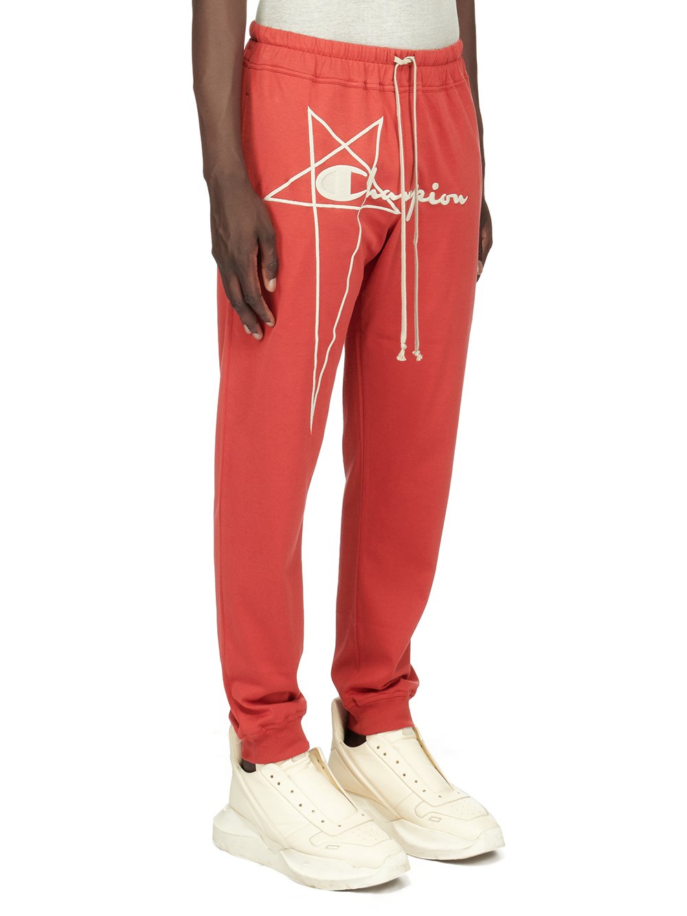 CHAMPION X RICK OWENS JOGGERS IN CARNELIAN RED MEDIUM WEIGHT COTTON JERSEY 