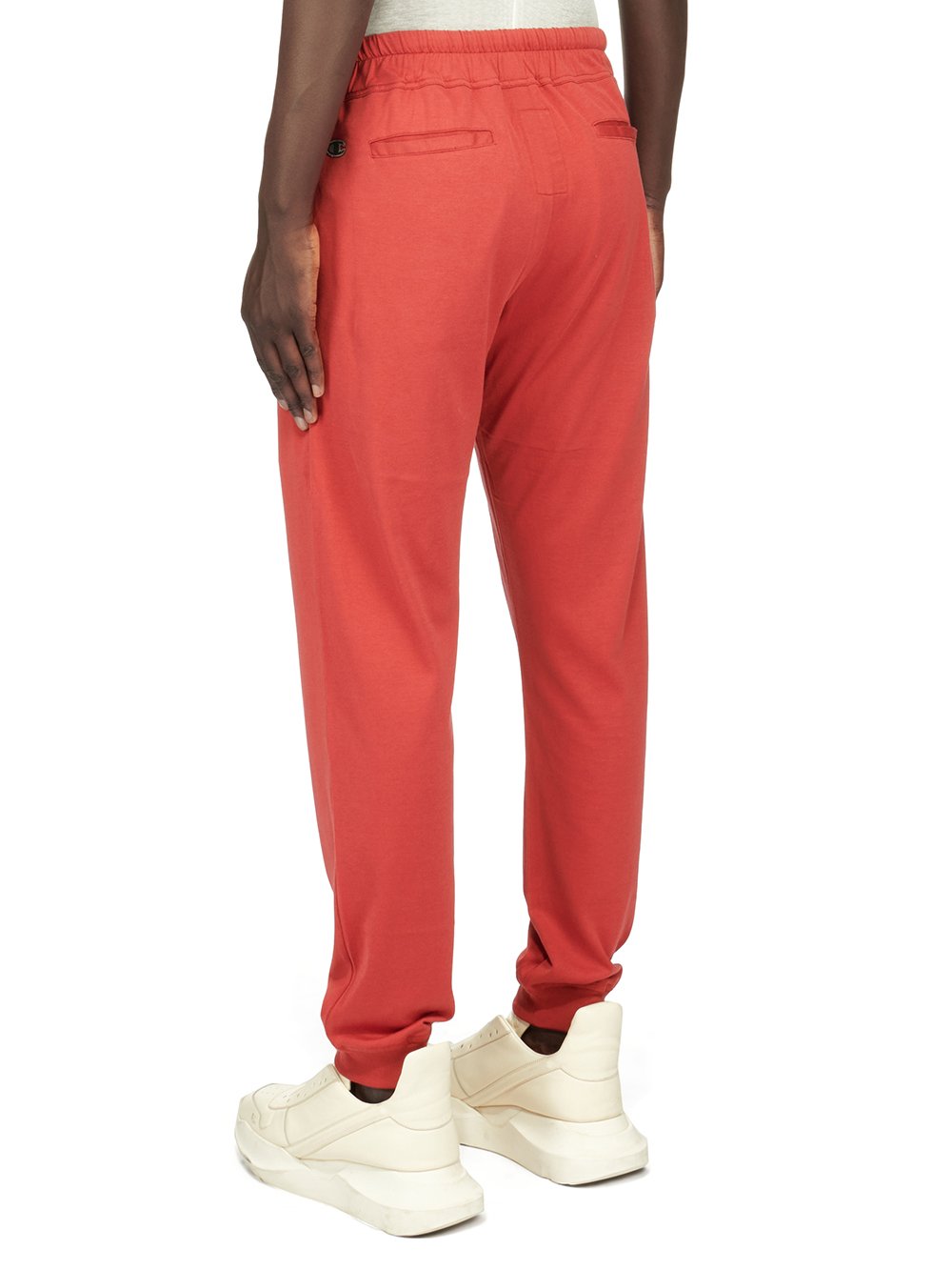 CHAMPION X RICK OWENS JOGGERS IN CARNELIAN RED MEDIUM WEIGHT COTTON JERSEY 