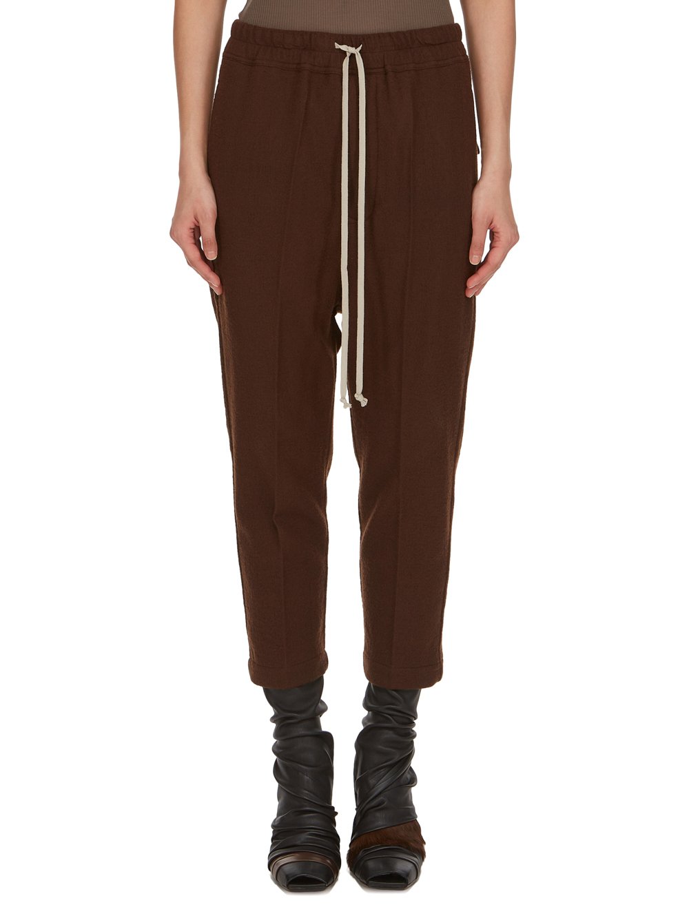 RICK OWENS FW23 LUXOR DRAWSTRING ASTAIRES CROPPED IN BROWN SOFT WOOL FLANNEL