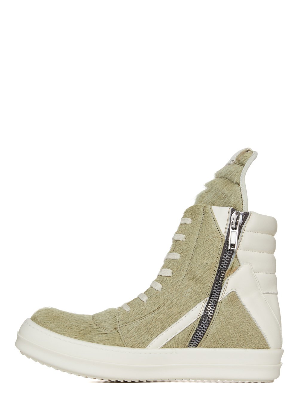 RICK OWENS FW23 LUXOR RUNWAY GEOBASKET IN DIRTY ACID UNSHAVED COW LEATHER AND FULL GRAIN CALF LEATHER