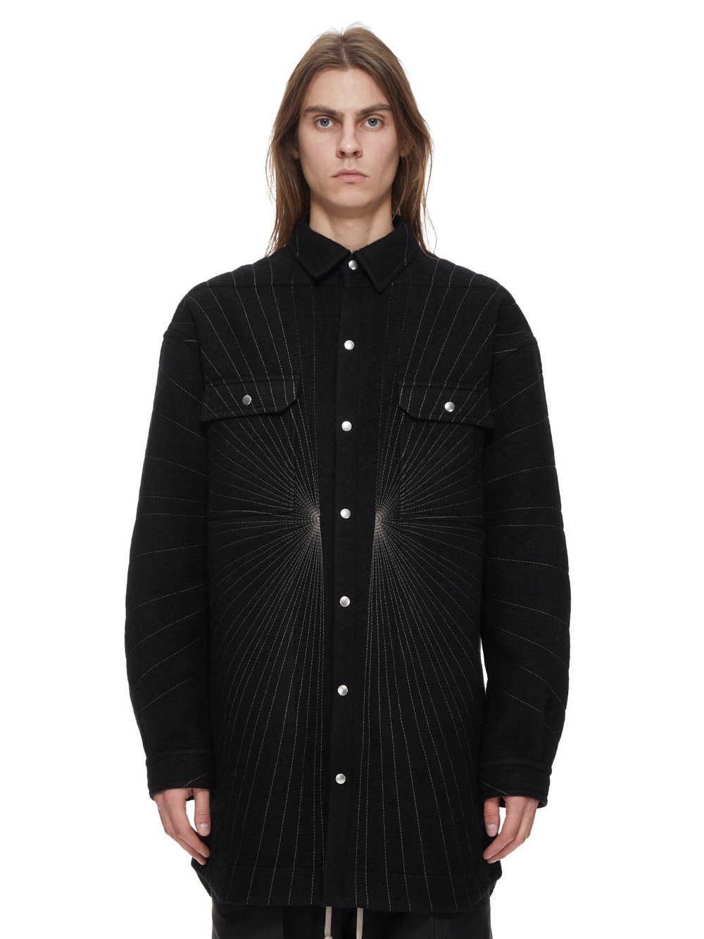 RICK OWENS FW23 LUXOR OVERSIZED OUTERSHIRT IN BLACK AND DUST RADIANCE EMBROIDERED BOILED WOOL 