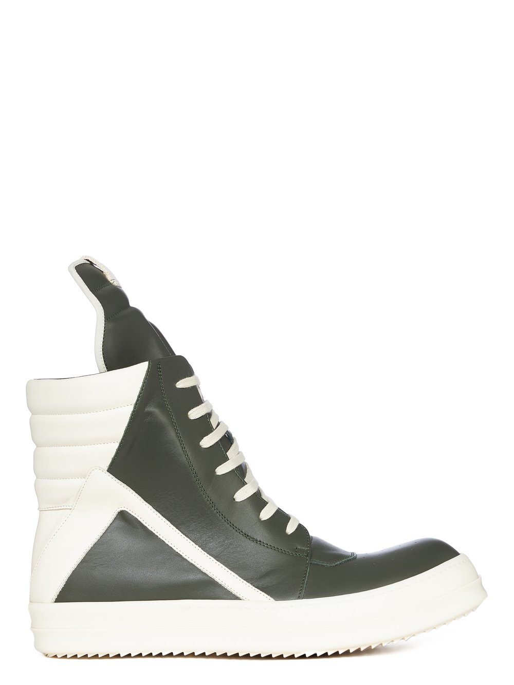 RICK OWENS FW23 LUXOR GEOBASKET IN FOREST CORTINA GREASE CALF LEATHER AND FULL GRAIN CALF LEATHER 
