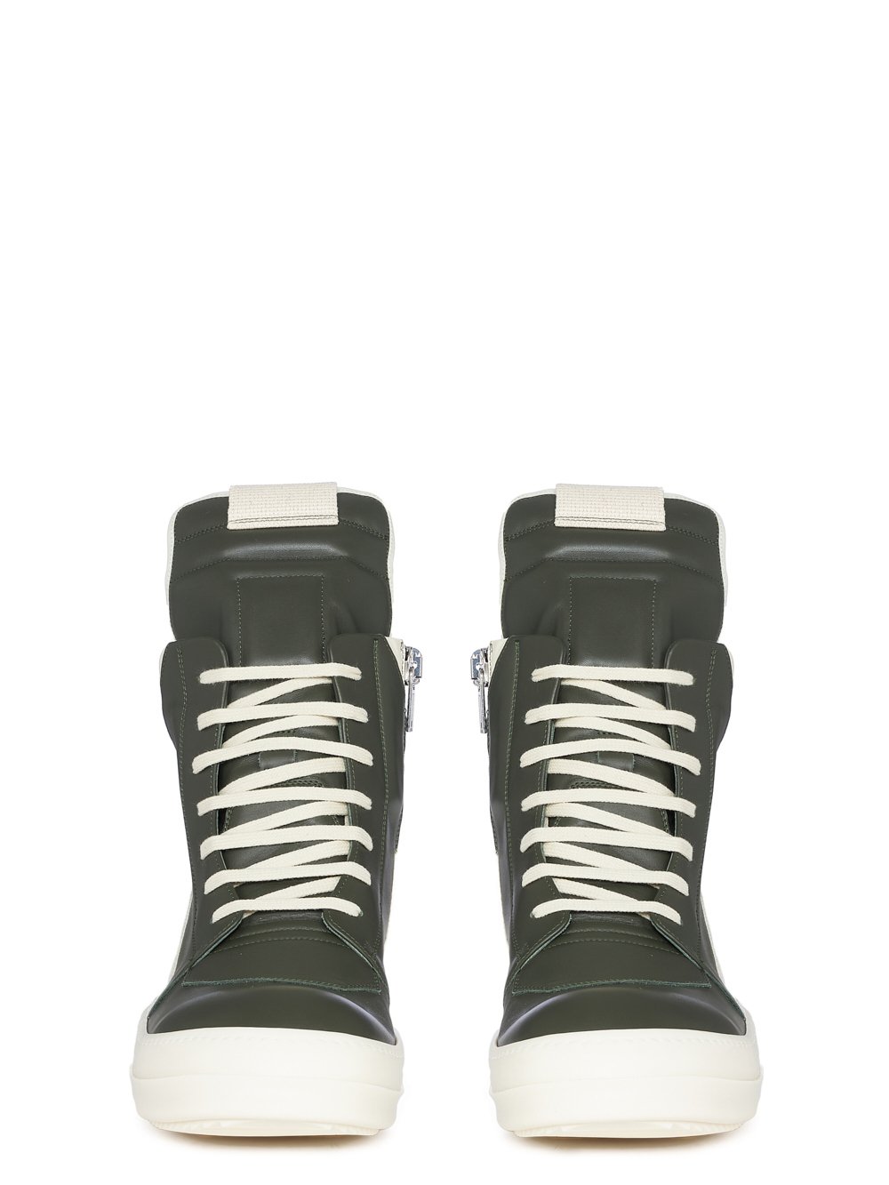 RICK OWENS FW23 LUXOR GEOBASKET IN FOREST CORTINA GREASE CALF LEATHER AND FULL GRAIN CALF LEATHER 