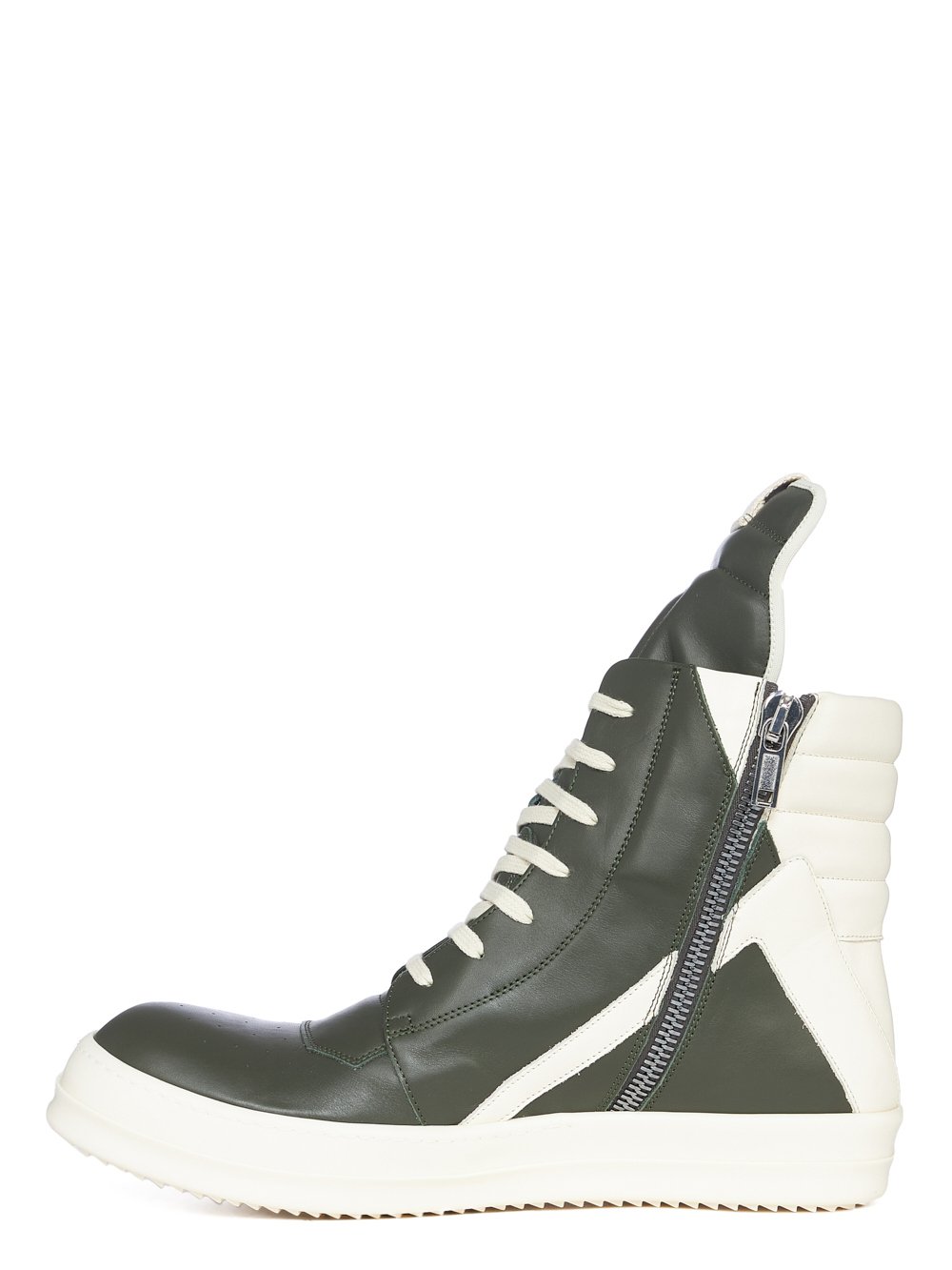 RICK OWENS FW23 LUXOR GEOBASKET IN FOREST CORTINA GREASE CALF LEATHER AND FULL GRAIN CALF LEATHER 