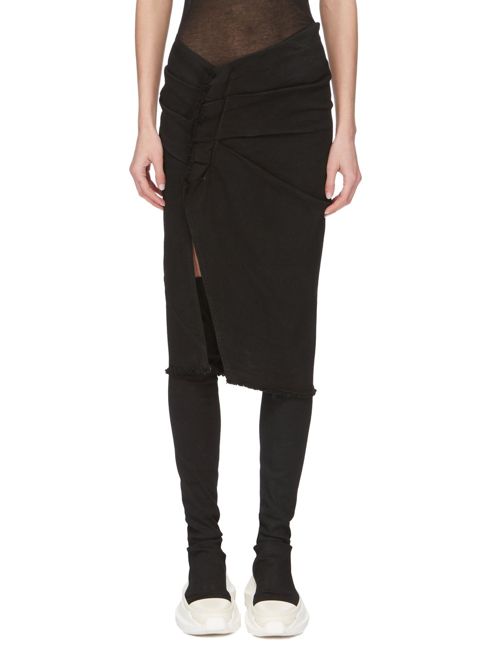 DRKSHDW FW23 LUXOR EDFU SKIRT KNEE IN BLACKETY BLACK STRETCH DENIM 