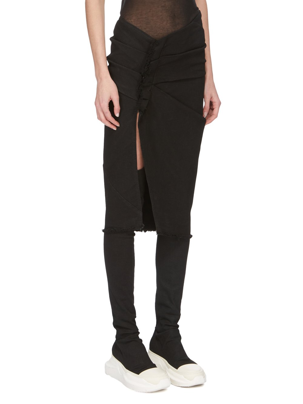 DRKSHDW FW23 LUXOR EDFU SKIRT KNEE IN BLACKETY BLACK STRETCH DENIM 