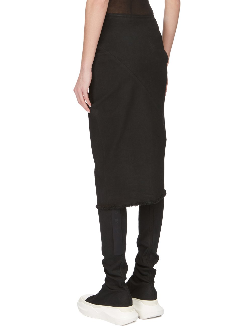 DRKSHDW FW23 LUXOR EDFU SKIRT KNEE IN BLACKETY BLACK STRETCH DENIM 