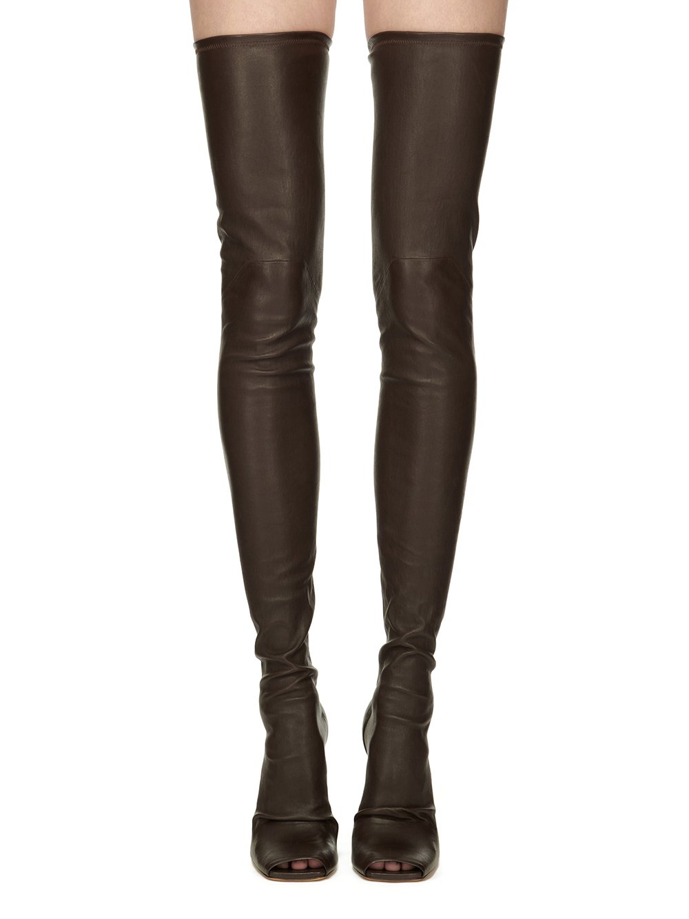 RICK OWENS FW23 LUXOR CANTILEVER 11 THIGH HIGH IN BROWN STRETCH LAMB LEATHER