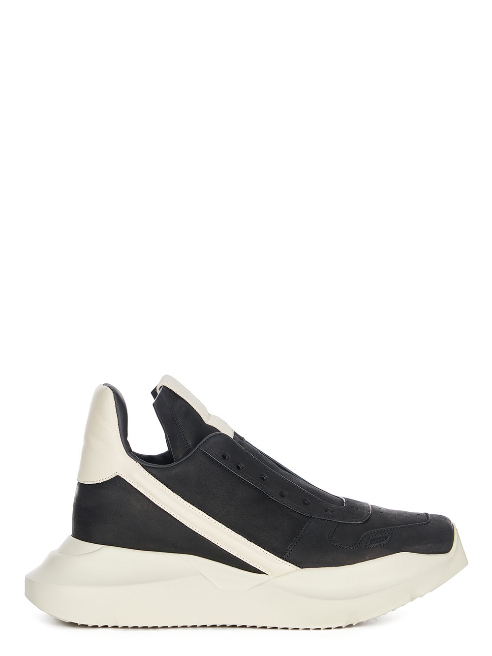 RICK OWENS FW23 LUXOR RUNWAY GETH RUNNER IN BLACK AND MILK GREYWOLF NUBUCK AND FULL GRAIN CALF LEATHER