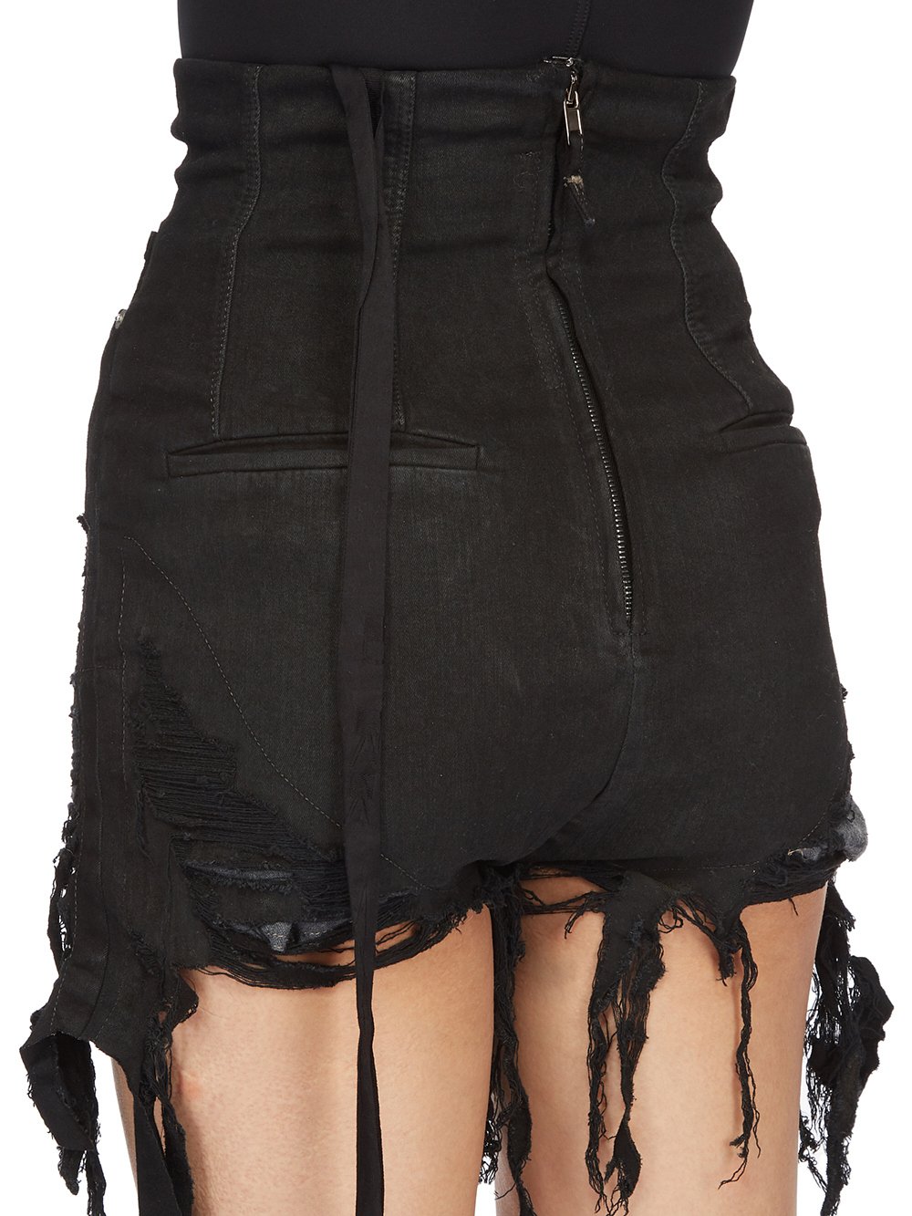 DRKSHDW FW23 LUXOR DIRT CUTOFFS IN BLACKETY BLACK STRETCH DENIM 