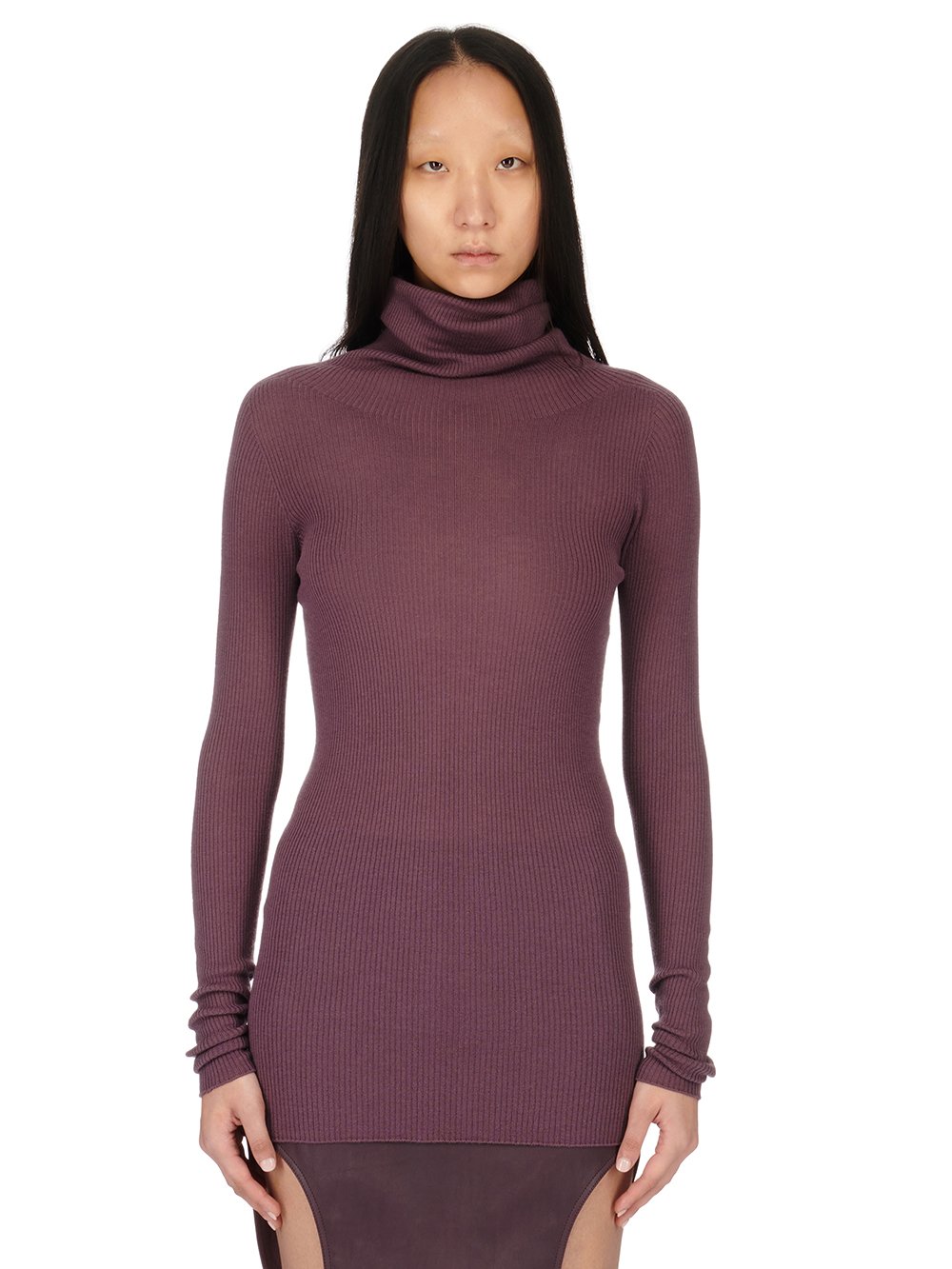 RICK OWENS FW23 LUXOR RIBBED LS TUBE IN AMETHYST LIGHTWEIGHT RIBBED KNIT
