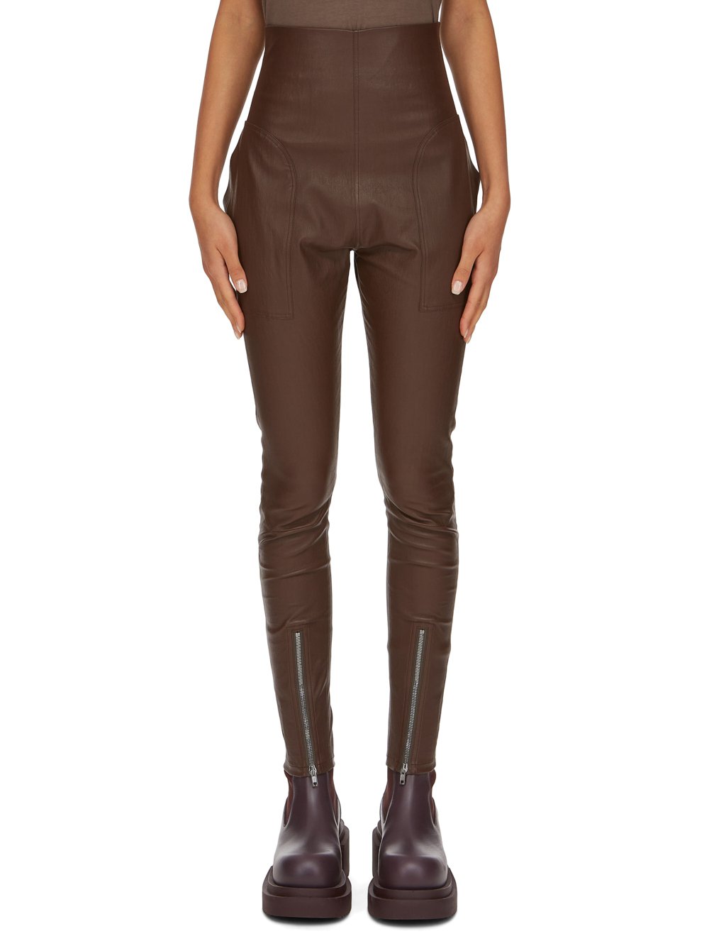 RICK OWENS FW23 LUXOR DIRT WAIST LEGGINGS IN BROWN STRETCH LAMB LEATHER