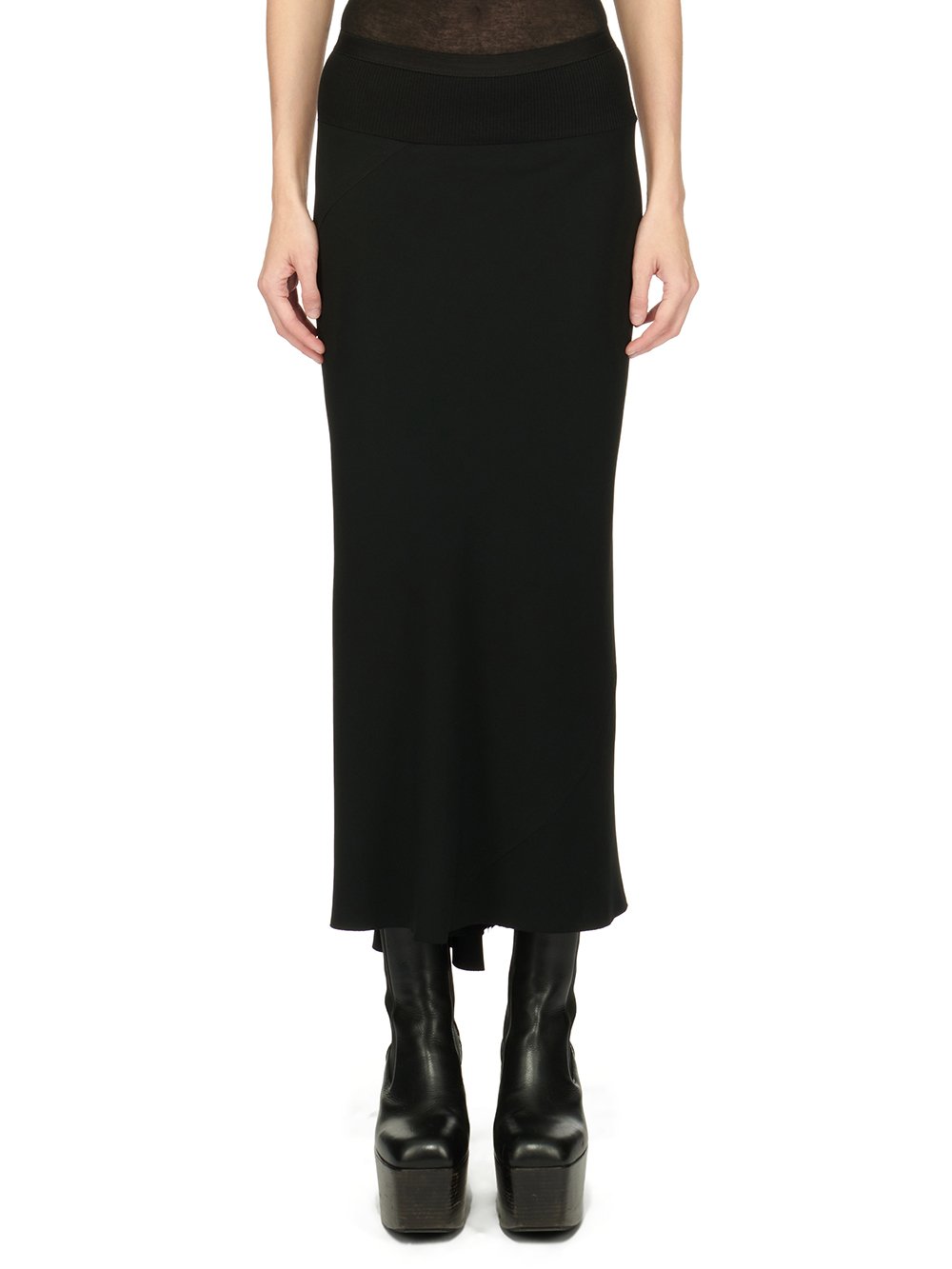 RICK OWENS FW23 LUXOR CALF BIAS SKIRT IN BLACK HEAVY CADY 