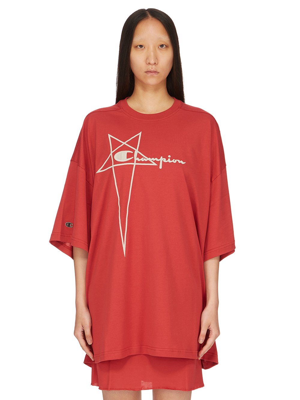 CHAMPION X RICK OWENS TOMMY T IN CARNELIAN RED MEDIUM WEIGHT COTTON JERSEY 