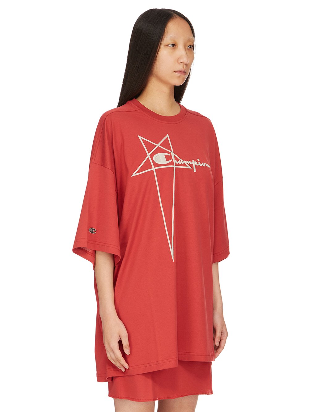 CHAMPION X RICK OWENS TOMMY T IN CARNELIAN RED MEDIUM WEIGHT COTTON JERSEY 