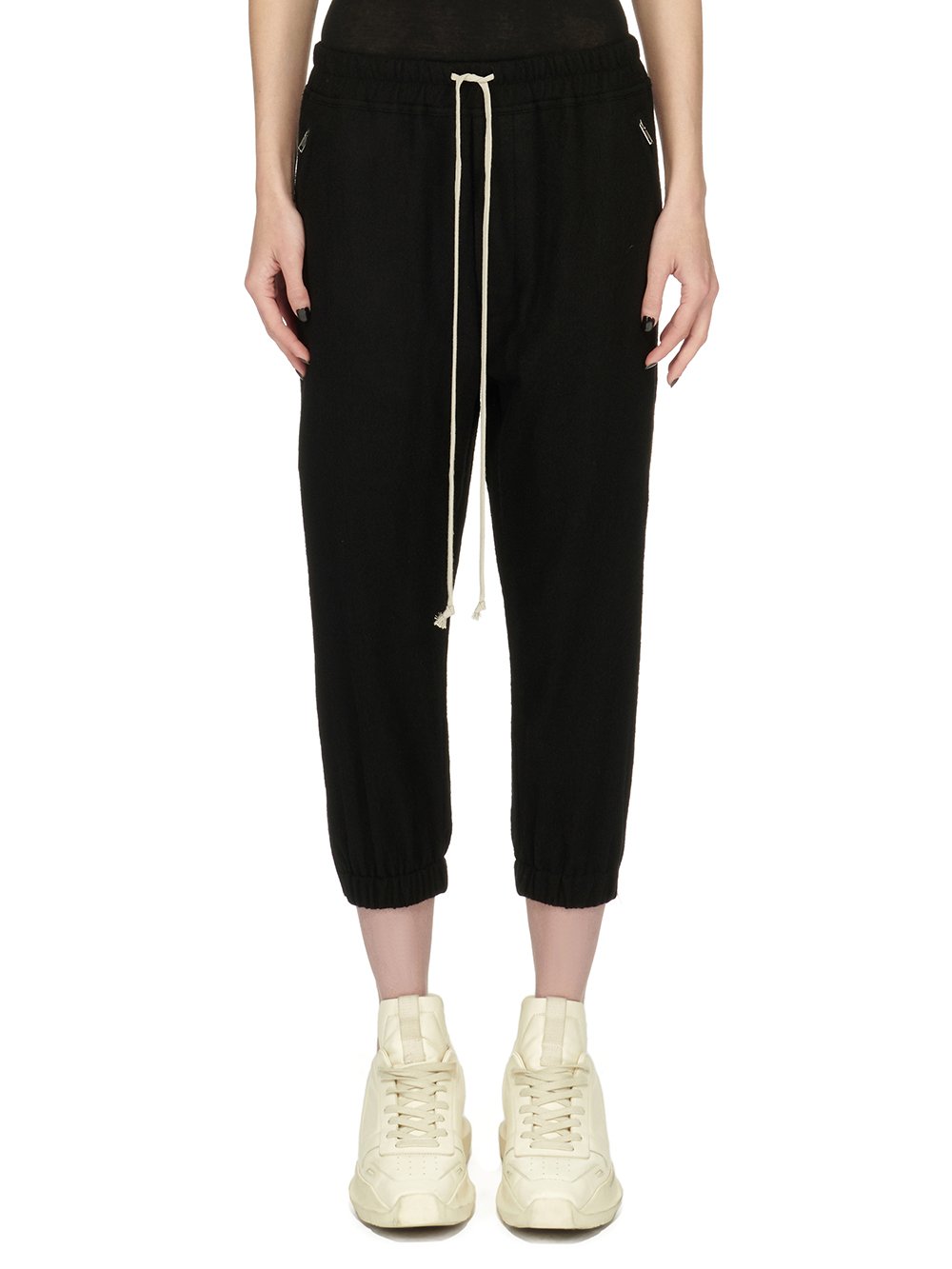 RICK OWENS FW23 LUXOR CROPPED TRACK IN BLACK SOFT WOOL FLANNEL