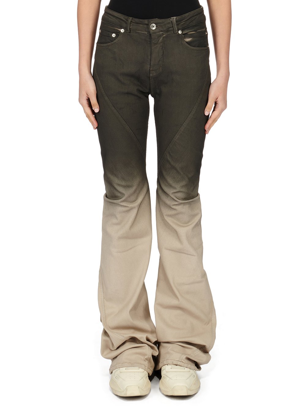 RICK OWENS FW23 LUXOR BIAS BOOTCUT IN BLACK PEARL DEGRADE STRETCH DENIM RICK OWENS FW23 LUXOR BIAS BOOTCUT IN BLACK PEARL DEGRADE STRETCH DENIM