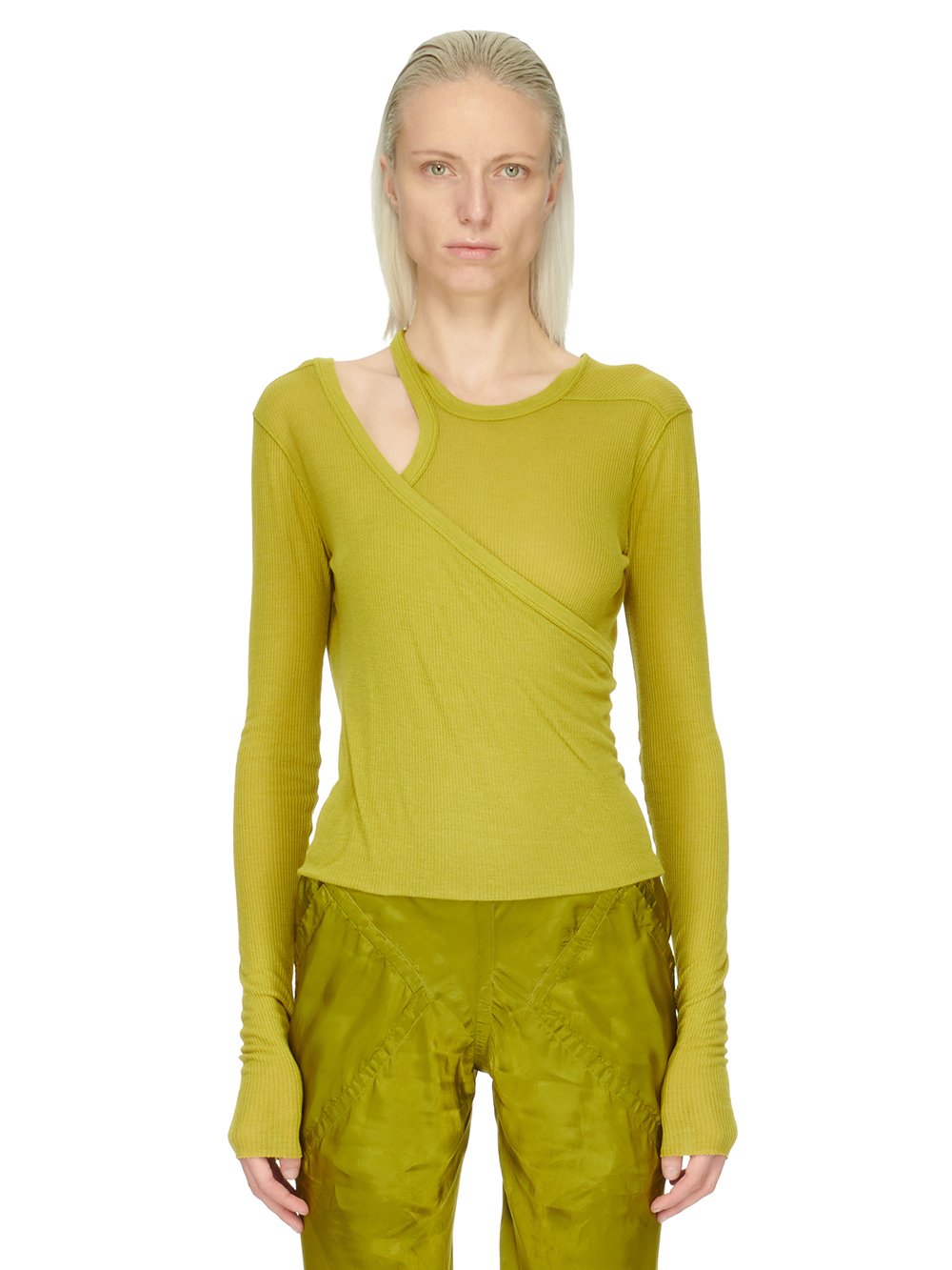 RICK OWENS FW23 LUXOR BANANA LS T IN ACID YELLOW VISCOSE SILK RIB JERSEY