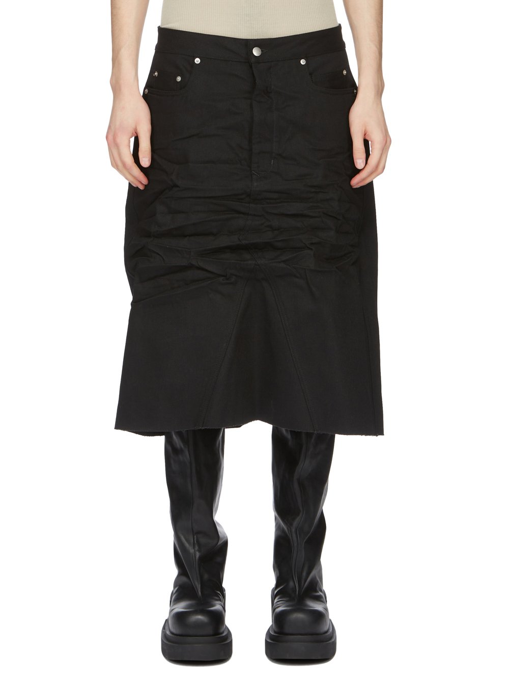 RICK OWENS FW23 LUXOR RUNWAY GODET SKIRT IN BLACK 16OZ SELVEDGE DENIM