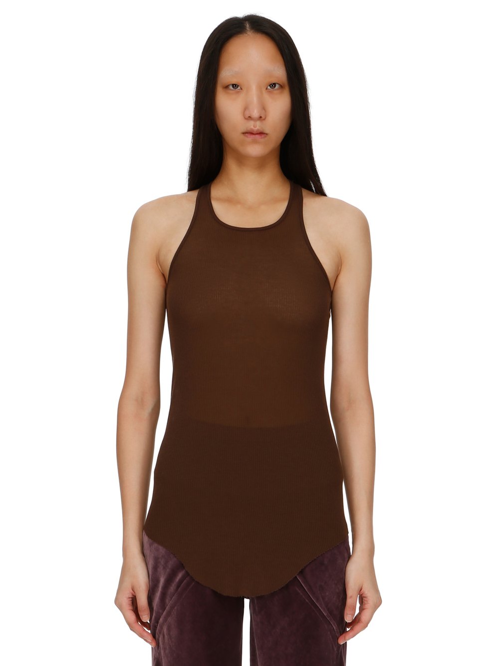 RICK OWENS FW23 LUXOR BASIC RIB TANK IN BROWN VISCOSE SILK RIB JERSEY