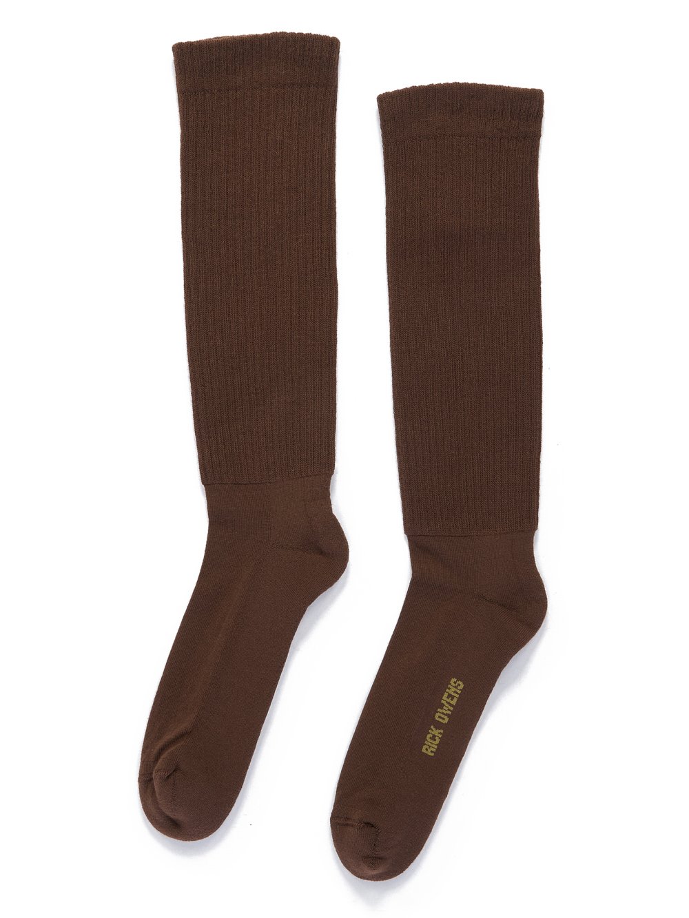 RICK OWENS FW23 LUXOR MID CALF SOCKS IN BROWN AND ACID COTTON KNIT
