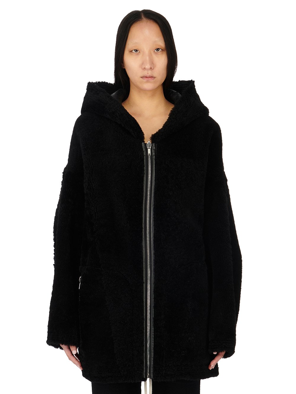 RICK OWENS FW23 LUXOR ZIP FRONT PETER IN BLACK BUTTER LAMB SHEARLING