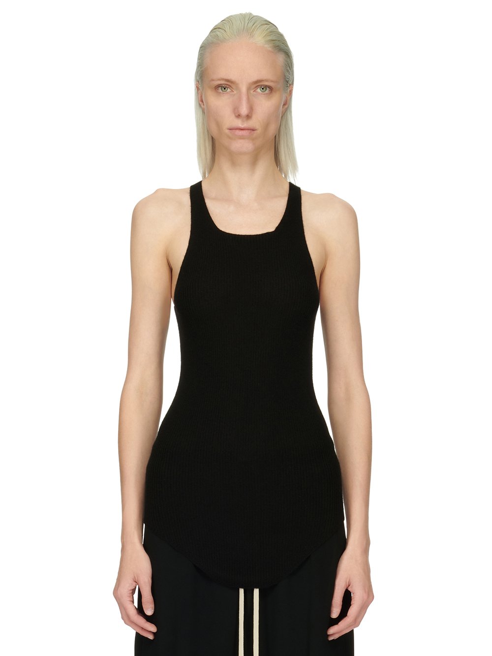RICK OWENS FOREVER RIB TANK TOP IN BLACK BOILED CASHMERE.