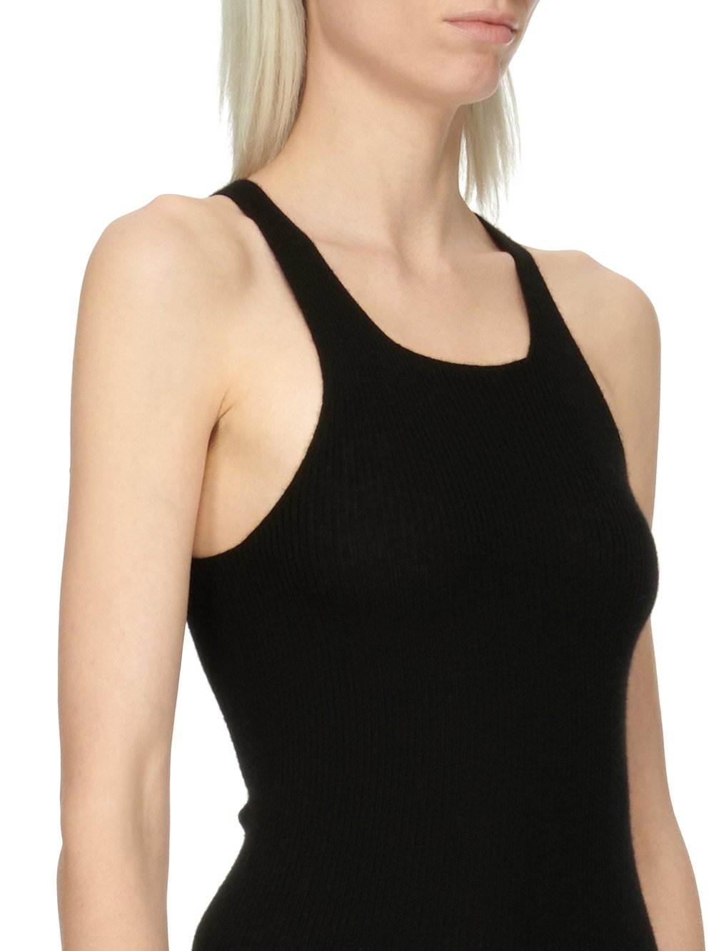 RICK OWENS FOREVER RIB TANK TOP IN BLACK BOILED CASHMERE.