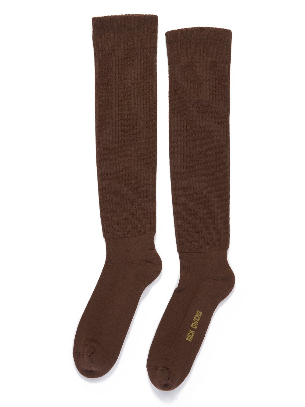 RICK OWENS FW23 LUXOR KNEE HIGH SOCKS IN BROWN AND ACID COTTON KNIT RICK OWENS FW23 LUXOR KNEE HIGH SOCKS IN BROWN AND ACID COTTON KNIT