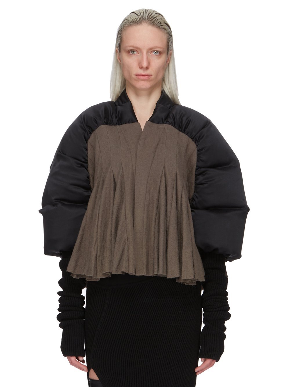RICK OWENS FW23 LUXOR DUVETESSA CROPPED IN BLACK AND DUST SILK CHARMEUSE AND SOFT WOOL FLANNEL