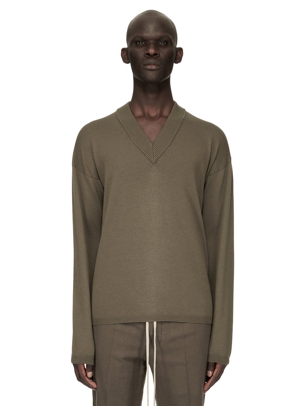 RICK OWENS FW23 LUXOR LS V NECK IN DUST GREY LIGHTWEIGHT RASATO KNIT