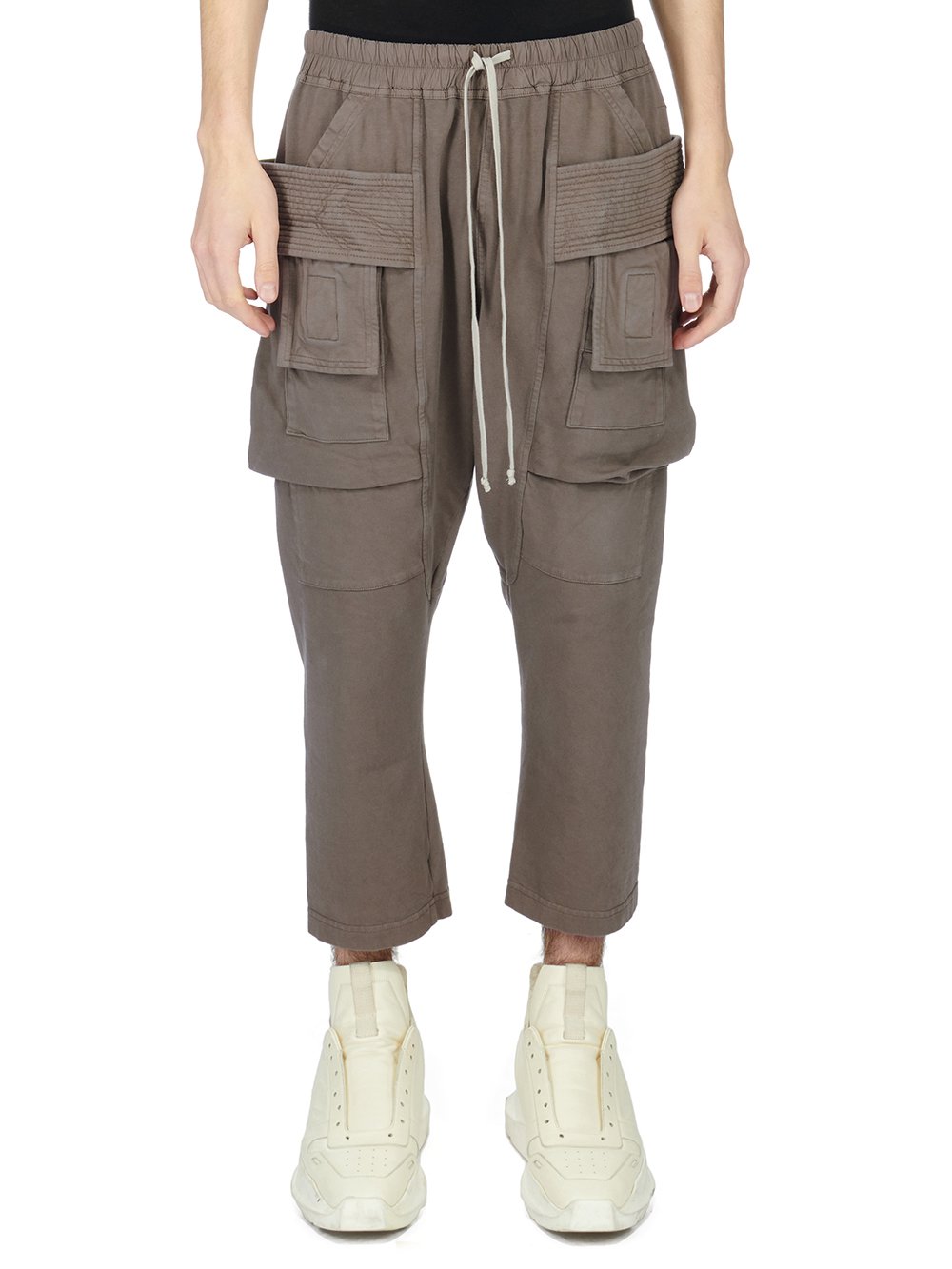 RICK OWENS FW23 LUXOR CREATCH CARGO CROPPED DRAWSTRING IN DUST COMPACT HEAVY COTTON JERSEY