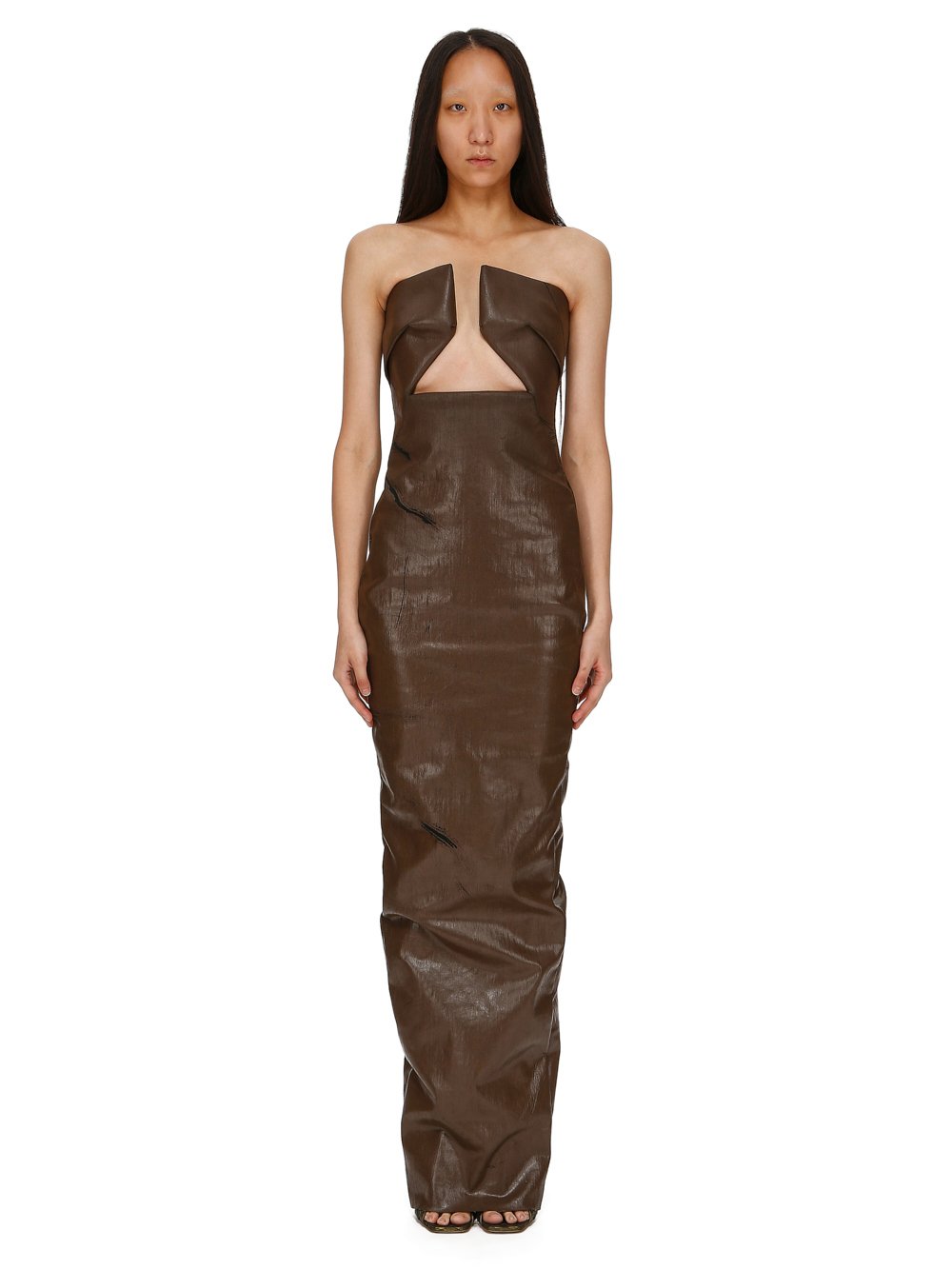 RICK OWENS FW23 LUXOR PRONG GOWN IN BROWN CRACKED STRETCH DENIM