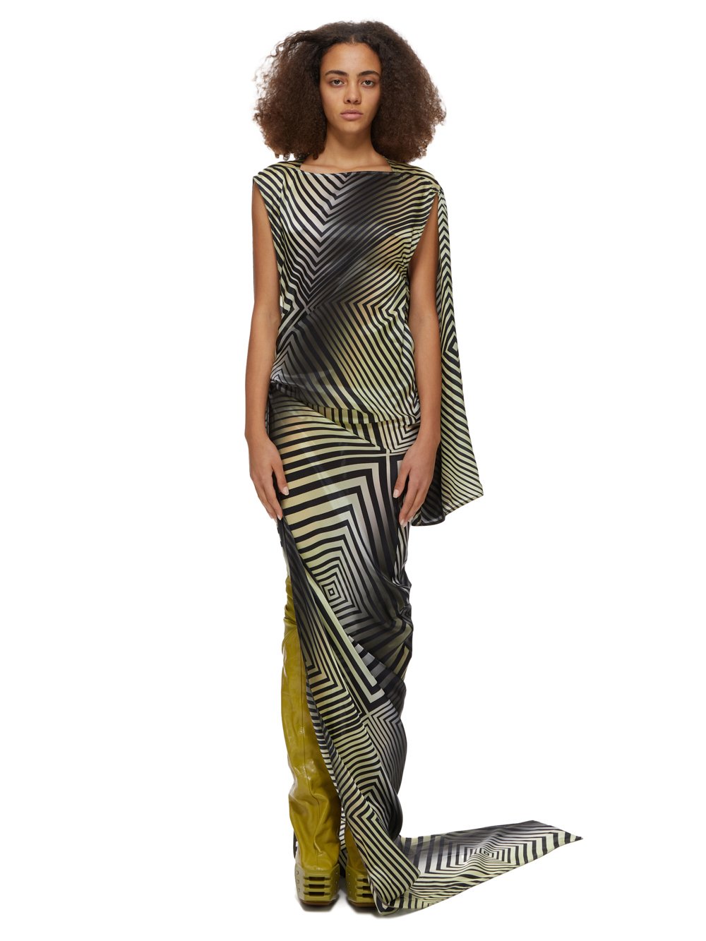 RICK OWENS FW23 LUXOR EDFU GOWN IN BLACK AND MILK DEGRADE REV PRINTED JAPONETTE