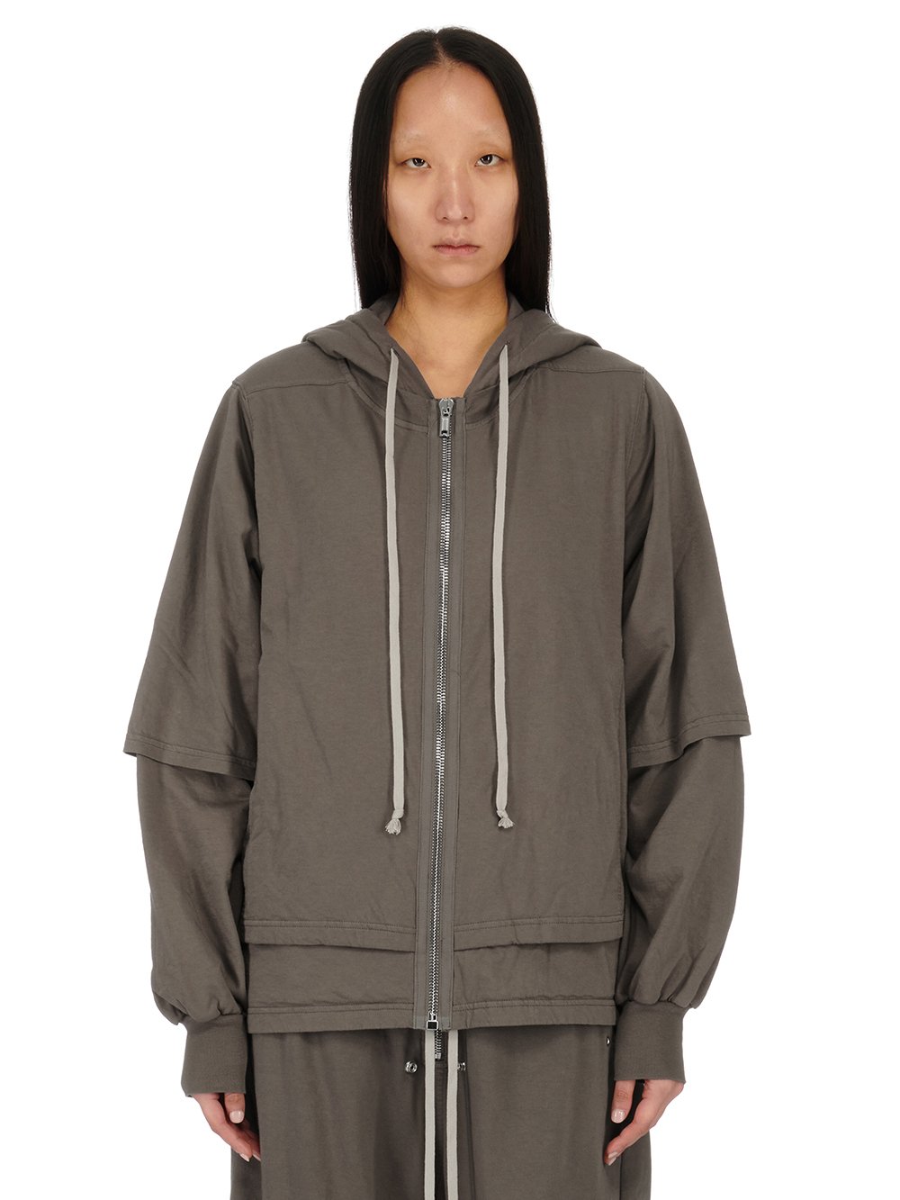 RICK OWENS FW23 LUXOR ZIPPED HUSTLER HOODIE IN DUST MEDIUM WEIGHT COTTON JERSEY