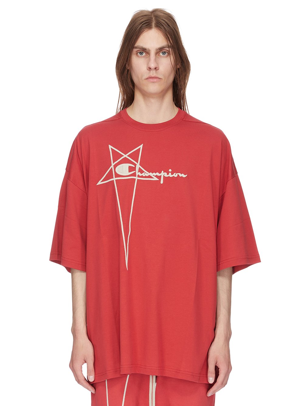 CHAMPION X RICK OWENS TOMMY T IN CARNELIAN RED MEDIUM WEIGHT COTTON JERSEY 