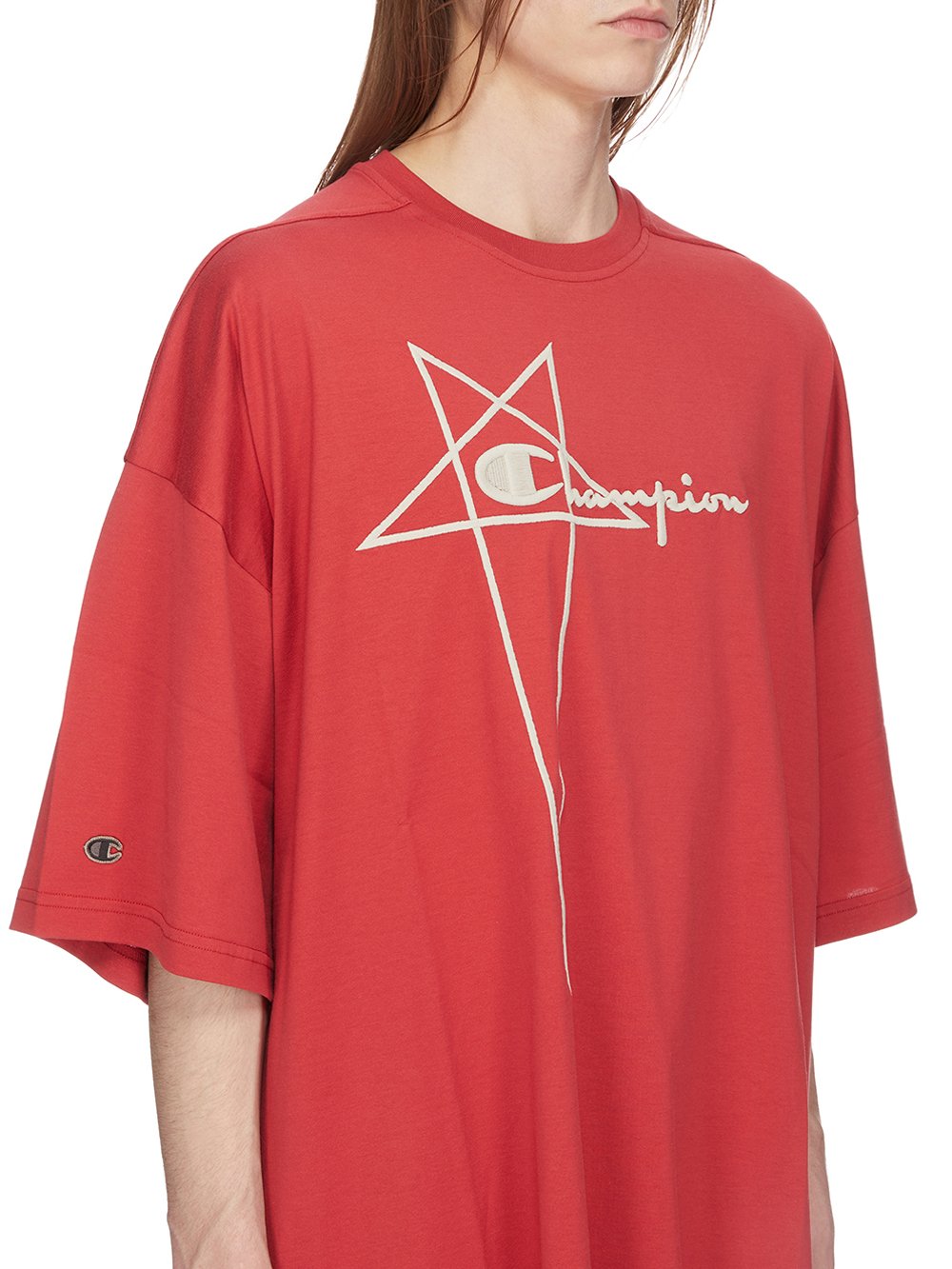 CHAMPION X RICK OWENS TOMMY T IN CARNELIAN RED MEDIUM WEIGHT COTTON JERSEY 