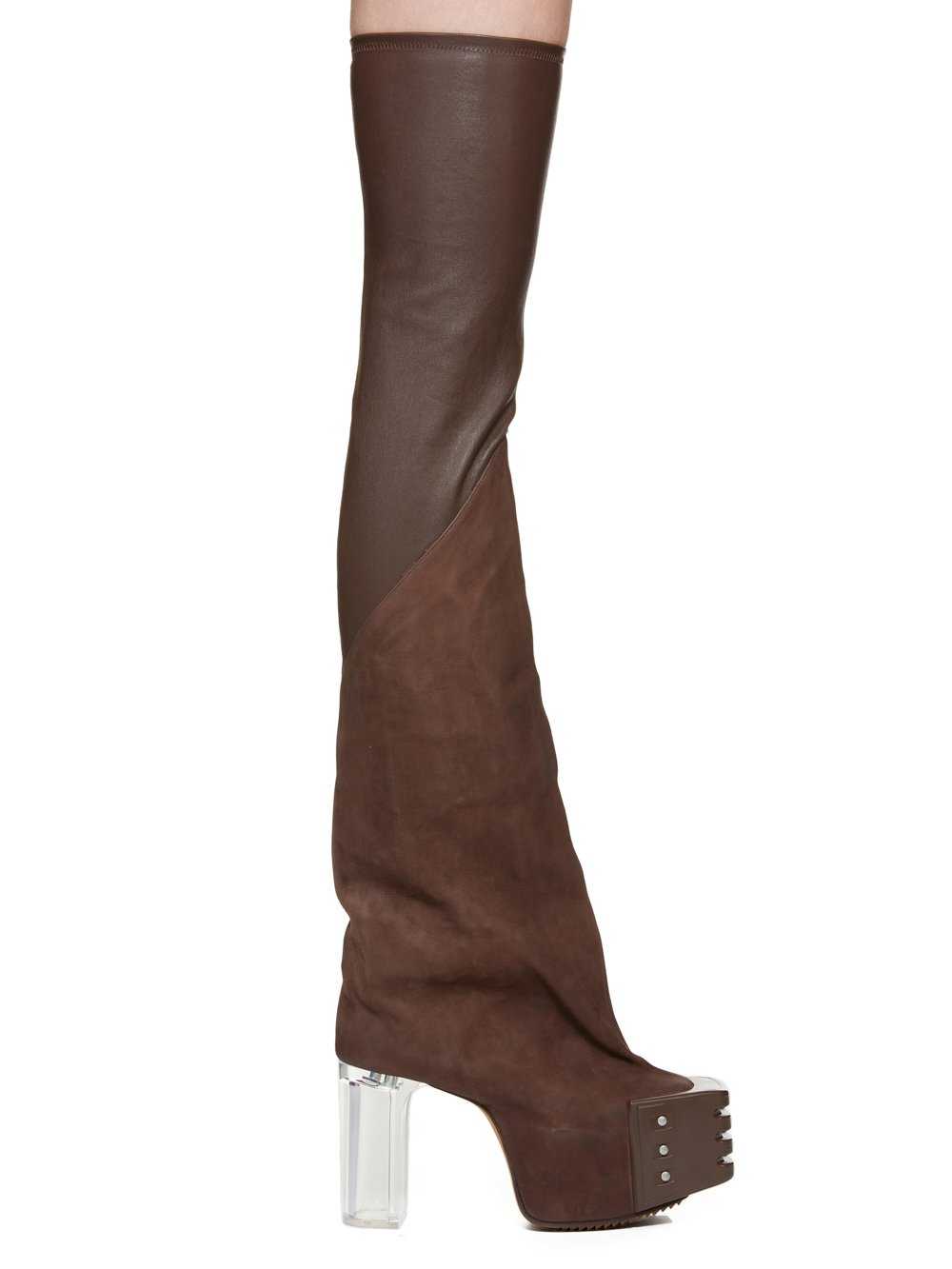 RICK OWENS FW23 LUXOR RUNWAY FLARED PLATFORMS 45 IN BROWN STRETCH LAMB LEATHER AND GREYWOLF NUBUCK